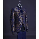 Floral Jacquard Wedding Suits for Men with Stand Collar Double Breasted Navy Blue Formal Groom Tuxedo Jacket Vest Pants 3 Pieces